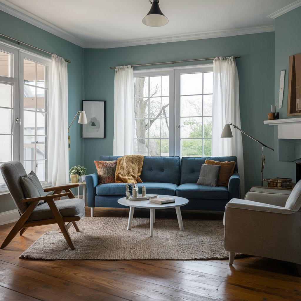 salon canape bleu airbnb propre 